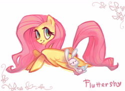 Size: 4311x3161 | Tagged: safe, artist:holivi, angel bunny (mlp), fluttershy (mlp), equine, fictional species, mammal, pegasus, pony, feral, friendship is magic, hasbro, my little pony, 2012, duo, eyes closed, feathered wings, feathers, female, folded wings, happy, high res, male, mare, simple background, smiling, tail, white background, wings