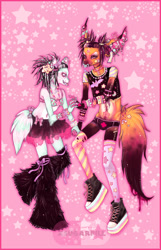 Size: 612x948 | Tagged: safe, artist:saturnine, artist:sugarpillrx, oc, oc only, oc:lolli★rot, oc:yum☆pop, canine, fox, mammal, procyonid, raccoon, anthro, plantigrade anthro, 2011, abstract background, bandaid, belly button, blood, boots, bottomwear, bow, bra, bracelet, breasts, bulge, candy, choker, cleavage, clothes, color porn, crop top, dreadlocks, drugs, duo, ear piercing, ecstasy, excessive piercings, femboy, fluffies (boots), food, glamfur, gloves, hair, holding, holding hands, hourglass, industrial piercing, jewelry, kandi, knee-high boots, legwear, lollipop, male, mismatched legwear, obtrusive watermark, pacifier, piercing, pigtails, pill, platform shoes, raver, ring, scene fashion, shoes, skirt, sneakers, spiked bracelet, stars, stickers, stickers on face, stitches, syringe, tail, tail bow, tail clip, thigh highs, tongue, tongue out, topwear, tutu, underwear, watermark