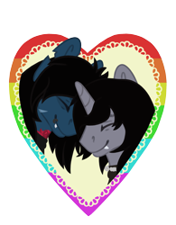 Size: 1577x2017 | Tagged: safe, artist:macyw, equine, fictional species, mammal, pony, undead, unicorn, zombie, zombie pony, feral, bring me the horizon, friendship is magic, hasbro, kellin quinn, my little pony, oliver sykes, sleeping with sirens, 2020, black hair, black mane, blue fur, bust, clothes, commission, digital art, disguise, disguised siren, eyes closed, fangs, feral/feral, feralized, fur, furrified, gray fur, hair, heart, horn, jewelry, lip piercing, male, male/male, mane, necklace, piercing, ponified, rainbow, scar, sharp teeth, shipping, shirt, simple background, smiling, t-shirt, tattoo, teeth, topwear, torn ear, transparent background, ych result