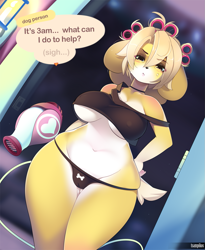 Size: 1029x1255 | Tagged: suggestive, alternate version, artist:tsampikos, isabelle (animal crossing), canine, dog, mammal, anthro, animal crossing, nintendo, big belly, black panties, black underwear, breasts, cameltoe, clothes, crop top, dialogue, female, panties, solo, solo female, talking, thick thighs, thighs, topwear, underboob, underwear