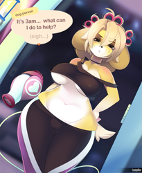 Size: 1029x1255 | Tagged: suggestive, alternate version, artist:tsampikos, isabelle (animal crossing), canine, dog, mammal, anthro, animal crossing, nintendo, big breasts, breasts, cameltoe, clothes, crop top, dialogue, female, solo, solo female, talking, thick thighs, thighs, topwear, underboob