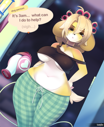 Size: 1029x1255 | Tagged: safe, artist:tsampikos, isabelle (animal crossing), canine, dog, mammal, shih tzu, anthro, animal crossing, nintendo, big breasts, breasts, clothes, crop top, dialogue, female, nipple outline, solo, solo female, talking, thick thighs, thighs, topwear, underboob