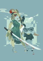 Size: 1357x1920 | Tagged: safe, artist:tysontan, dawn bellwether (zootopia), isabelle (animal crossing), bovid, canine, caprine, dog, mammal, sheep, anthro, animal crossing, cc by-sa, creative commons, disney, nintendo, zootopia, abstract background, bell, blood, clothes, crossover, dress, female, glasses, gun, high heels, jewelry, red eyes, ribbon, shoes, sword, weapon