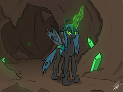 Size: 1600x1200 | Tagged: safe, artist:tomazii7, queen chrysalis (mlp), arthropod, changeling, changeling queen, equine, fictional species, mammal, feral, friendship is magic, hasbro, my little pony, 2013, female, glowing, glowing horn, horn, insect wings, jagged horn, solo, solo female, tail, wings