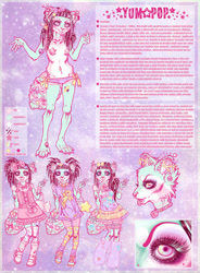 Size: 897x1216 | Tagged: safe, artist:antique, artist:sugarpillrx, fluttershy (mlp), oc, oc only, oc:yum☆pop, equine, fictional species, mammal, pegasus, pony, procyonid, raccoon, anthro, feral, plantigrade anthro, friendship is magic, hasbro, my little pony, 2012, abstract background, alternate hairstyle, alternate outfit, bandaid, belly button, belly button piercing, bloodshot eyes, boots, bottomwear, bow, bracelet, bruise, candy, candy necklace, clothes, color porn, cute, decora, dreadlocks, drugs, ear piercing, ecstasy, eye close-up, eyeshadow, fairy kei, fangs, female, fluffies (boots), food, garter belt, garters, gesture, glamfur, hair, hair bow, hair clip, heart, industrial piercing, jewelry, kandi, legwear, lip ring, lolita fashion, lollipop, looking at you, makeup, necklace, panties, pasties, peace sign, piercing, pill, pink eyes, reference sheet, ring, sharp teeth, shoes, skirt, sneakers, socks, solo, solo female, starry eyes, stars, stockings, sweet lolita, tail, tail bow, tail clip, tank top, teeth, thigh highs, tongue, tongue out, topwear, underwear, wingding eyes