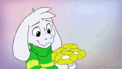 Size: 1067x600 | Tagged: safe, artist:absolutedream, asriel dreemurr (undertale), bovid, goat, mammal, anthro, undertale, 2017, 2d, 2d animation, abstract background, animated, black eyes, clothes, cute, digital art, featured image, floppy ears, flower, fluff, frame by frame, gif, head fluff, male, open mouth, paws, signature, sneezing, solo, solo male, tongue