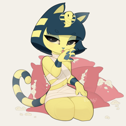 Size: 900x900 | Tagged: safe, artist:evehly, ankha (animal crossing), cat, feline, mammal, anthro, animal crossing, nintendo, eyeshadow, female, kneeling, licking, licking self, lidded eyes, looking at you, makeup, paw pads, paws, pillow, signature, simple background, solo, solo female, striped tail, stripes, tail, tongue, tongue out, white background, wraps