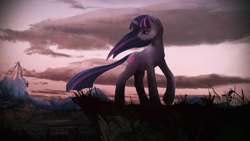 Size: 1920x1080 | Tagged: safe, artist:cosmicunicorn, twilight sparkle (mlp), equine, fictional species, mammal, pony, unicorn, feral, friendship is magic, hasbro, my little pony, 16:9, canterlot, cloud, female, grass, hooves, looking back, mountain, raised hoof, sad, scenery, solo, solo female, wallpaper