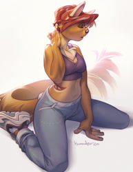 Size: 773x1000 | Tagged: safe, artist:kyander, nameless oc, oc, ambiguous species, feline, mammal, anthro, bottomwear, breasts, clothes, female, pants, shoes, sneakers, solo, solo female, tail