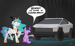 Size: 3803x2326 | Tagged: safe, artist:oinktweetstudios, princess celestia (mlp), twilight sparkle (mlp), alicorn, equine, fictional species, mammal, pony, feral, friendship is magic, hasbro, my little pony, car, cybertruck, duo, duo female, exclamation point, eyes closed, female, high res, hooves, raised hoof, speech bubble, surprised, text, vehicle