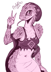 Size: 857x1200 | Tagged: safe, artist:zenirix, oc, oc:cordelia (passermine), fictional species, reptile, snake, anthro, naga, beanie, clothes, female, gesture, solo, solo female, tank top, tongue, tongue out, topwear, v sign