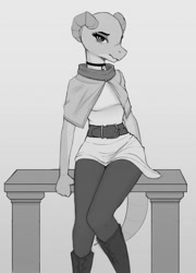 Size: 1009x1400 | Tagged: safe, artist:kobradraws, nameless oc, oc, dragon, fictional species, anthro, 2020, breasts, choker, clothes, digital art, dragoness, eyelashes, female, grayscale, horns, looking at you, monochrome, simple background, sitting, solo, solo female, tail