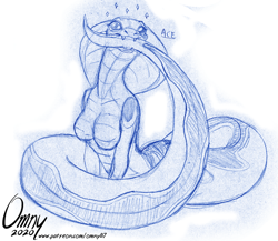Size: 600x520 | Tagged: safe, artist:omny87, oc, oc:ace, fictional species, reptile, snake, anthro, naga, biting, breasts, cute, featureless breasts, female, solo, solo female, tail, tail bite