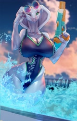 Size: 821x1280 | Tagged: safe, artist:skygracer, torque (x-com), fictional species, reptile, snake, viper (x-com), anthro, naga, x-com, breasts, cleavage, clothes, female, glasses, impossibly thin waist, one-piece swimsuit, pool, round glasses, solo, solo female, sunglasses, swimsuit, water gun, x-com: chimera squad