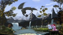 Size: 9360x5187 | Tagged: safe, artist:auroriia, pinkie pie (mlp), toothless (httyd), bird, dragon, fictional species, waterfowl, feral, dreamworks animation, friendship is magic, hasbro, how to train your dragon, my little pony, absurd resolution, black body, blue eyes, canterlot, canterlot castle, clothes, crossover, cutie mark, digital art, digital painting, duo, easel, female, fence, flying, fur, green eyes, hair, hat, male, painting, pink fur, pink hair, rock, scenery, scenery porn, size difference, spread wings, tree, water, waterfall, webbed wings, wings