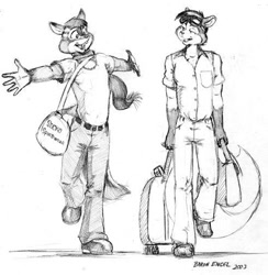 Size: 492x504 | Tagged: safe, artist:baron engel, chipmunk, mammal, rodent, anthro, plantigrade anthro, duo, duo male, low res, male, males only, smiling, traditional art