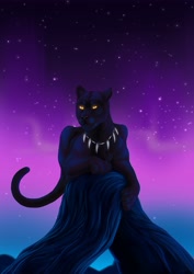 Size: 2865x4051 | Tagged: safe, artist:blackbloodqueen, black panther (marvel), big cat, black panther, feline, mammal, feral, marvel, aurora borealis, black fur, feralized, front view, fur, jewelry, lying down, male, necklace, night, orange eyes, paws, prone, solo, solo male, stars, tail
