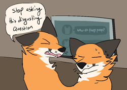Size: 817x576 | Tagged: safe, artist:theroguez, oc, oc:foxfox (theroguez), canine, fox, mammal, red fox, feral, ambiguous gender, brown fur, conjoined, conjoined twins, eyes closed, fur, multiple heads, open mouth, orange fur, screen, sharp teeth, solo, solo ambiguous, speech bubble, sweat, talking, teeth, two heads, whiskers, white fur