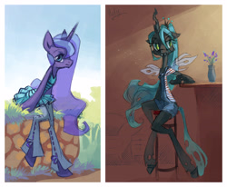 Size: 4764x3934 | Tagged: safe, artist:holivi, princess luna (mlp), queen chrysalis (mlp), alicorn, arthropod, changeling, changeling queen, equine, fictional species, mammal, pony, anthro, feral, friendship is magic, hasbro, my little pony, 2012, absurd resolution, anthrofied, bottomwear, clothes, duo, duo female, female, horn, insect wings, jagged horn, mare, pants, sitting, tail, wings