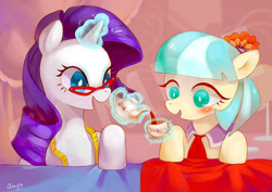 Size: 700x495 | Tagged: safe, artist:amy30535, coco pommel (mlp), rarity (mlp), earth pony, equine, fictional species, mammal, pony, unicorn, feral, friendship is magic, hasbro, my little pony, 2014, blue eyes, blushing, clothes, cute, cyan eyes, drink, duo, duo female, female, flower, glasses, hooves, horn, looking at something, magic, measuring tape, necktie, pouring, saucer, signature, tea, teacup, teapot, telekinesis