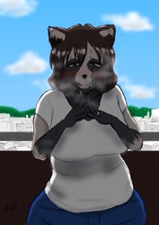 Size: 724x1024 | Tagged: safe, alternate version, artist:naranahiromi, oc, oc only, oc:minami, canine, mammal, raccoon dog, anthro, 2018, blushing, clothes, colored, female, licking lips, outdoors, signature, smiling, solo, solo female, tongue, tongue out