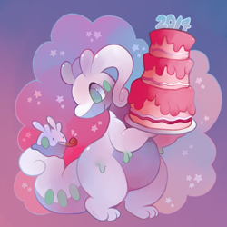 Size: 1400x1400 | Tagged: safe, artist:happycrumble, fictional species, goodra, mollusk, feral, semi-anthro, nintendo, pokémon, 2014, abstract background, ambiguous gender, black eyes, cake, cute, duo, food, goo dragon, goomy, green eyes, holding, holiday, looking at each other, new year, noisemaker, paws, size difference, tail, text