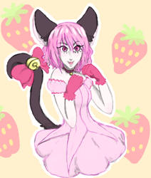 Size: 480x567 | Tagged: safe, artist:xriderofthewind, ichigo momomiya (tokyo mew mew), animal humanoid, cat, feline, fictional species, mammal, humanoid, tokyo mew mew, 2013, abstract background, bell, berry, black fur, black tail, bow, breasts, clothes, collar, dress, fangs, female, food, front view, fruit, fur, gloves, hair, light skin, looking at you, magenta eyes, open mouth, open smile, outline, pink hair, sharp teeth, slit pupils, smiling, solo, solo female, strawberry, tail, tail bow, teeth, three-quarter view, white outline