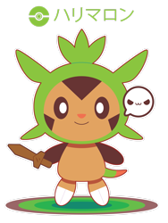 Size: 2125x2821 | Tagged: safe, artist:itachi-roxas, chespin, fictional species, hedgehog, mammal, semi-anthro, nintendo, pokémon, ambiguous gender, brown eyes, chibi, cute, high res, japanese text, looking at you, paws, quills, simple background, solo, solo ambiguous, starter pokémon, sword, tail, text, translation request, transparent background, weapon