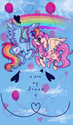 Size: 1268x2152 | Tagged: safe, artist:gigifeh, fluttershy (mlp), rainbow dash (mlp), equine, fictional species, mammal, pegasus, pony, feral, friendship is magic, hasbro, my little pony, 2013, balloon, blushing, color porn, cute, cyan eyes, duo, duo female, female, female/female, flutterdash (mlp), flying, heart, heart eyes, hooves, looking at each other, magenta eyes, rainbow, shipping, tail, wingding eyes, wings