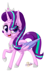 Size: 626x1000 | Tagged: safe, artist:unisoleil, starlight glimmer (mlp), alicorn, equine, fictional species, mammal, pony, feral, friendship is magic, hasbro, my little pony, alicornified, crown, cute, eye through hair, female, hair, horn, jewelry, looking at you, mare, race swap, regalia, simple background, smiling, solo, solo female, tail, tiara, transparent background, watermark, wings