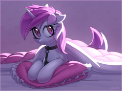 Size: 1280x955 | Tagged: safe, artist:sartf, oc, oc only, oc:blossom, equine, fictional species, mammal, pony, unicorn, feral, hasbro, my little pony, blanket, collar, comfy, female, horn, mare, pillow, signature, simple background, solo, solo female