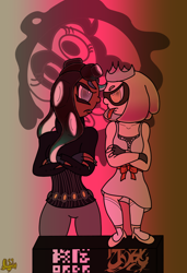 Size: 920x1346 | Tagged: safe, artist:missmagnificence, marina (splatoon), pearl (splatoon), animal humanoid, fictional species, mammal, mollusk, octoling, octopus, squid, humanoid, nintendo, splatoon, catherine, chaos, colored, duo, female, freedom, katherine mcbride, looking at each other, order, tentacle hair, tentacles, video game