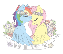 Size: 800x695 | Tagged: safe, artist:panicpuppy, fluttershy (mlp), rainbow dash (mlp), equine, fictional species, mammal, pegasus, pony, feral, friendship is magic, hasbro, my little pony, 2013, 2d, cute, duo, duo female, eyes closed, female, female/female, flower crown, flutterdash (mlp), kissing, old banner, shipping, simple background, song reference, text, transparent background, wings
