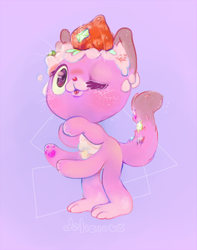 Size: 500x634 | Tagged: safe, artist:goasthed, cat, feline, fictional species, food creature, hybrid, mammal, anthro, plantigrade anthro, 2013, ambiguous gender, berry, cake, food, fruit, gem, looking at you, multiple arms, one eye closed, paw pads, paws, purple background, purple eyes, simple background, solo, solo ambiguous, strawberry, tail, text
