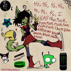 Size: 1080x1080 | Tagged: safe, artist:g3tch00, gir (invader zim), kuromi (sanrio), oc, oc only, canine, cat, dog, feline, fictional species, hybrid, mammal, robot, sir unit (invader zim), undead, zombie, anthro, humanoid, plantigrade anthro, hello kitty (series), invader zim, nickelodeon, sanrio, warner brothers, 2019, abstract background, amber eyes, bride, corpse bride, emily (corpse bride), female, glamfur, lyrics, mindless self indulgence, monster energy, scene fashion, solo, solo female, song reference, stitches, tail, tim burton