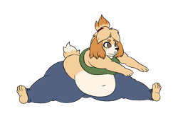 Size: 1280x854 | Tagged: safe, artist:bunnynoah, isabelle (animal crossing), canine, dog, mammal, shih tzu, anthro, animal crossing, nintendo, 2019, barefoot, belly, belly button, bottomwear, breasts, clothes, commission, double chin, fat, female, fur, huge belly, midriff, obese, pants, solo, solo female, stretching, tail, tank top, thick thighs, thighs, topwear, ych result, yellow fur