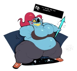 Size: 1480x1360 | Tagged: suggestive, artist:boxmingle, alphys (undertale), undyne (undertale), fish, piranha, anthro, undertale, 2020, belly button, bottomwear, breasts, cleavage, clothes, colored sclera, dialogue, duo, duo female, eyepatch, fat, fat fetish, female, hair, huge belly, huge breasts, midriff, obese, pants, red hair, shocked, sneakers, spear, talking, tank top, text, thick thighs, thighs, topwear, weapon, yellow sclera, yellow teeth