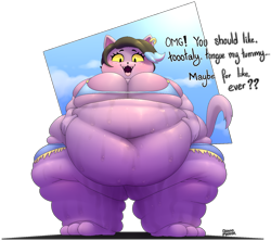 Size: 1600x1420 | Tagged: suggestive, artist:doggomancer, catty (undertale), cat, feline, mammal, anthro, undertale, 2020, bikini top, breasts, colored sclera, commission, dialogue, fat, fat fetish, female, fur, huge belly, huge breasts, hyper, impossible fit, looking down at you, morbidly obese, obese, open mouth, partially transparent background, purple fur, signature, simple background, sky, solo, solo female, sweat, tail, talking, talking to viewer, text, thick thighs, thighs, transparent background, yellow sclera
