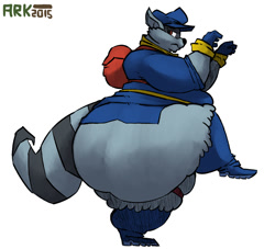 Size: 788x714 | Tagged: suggestive, artist:arkveveen, sly cooper (sly cooper), mammal, procyonid, raccoon, anthro, sly cooper (series), 2015, backpack, big tail, bottomless, commission, fat, fat fetish, hyper, hyper butt, hyper thighs, male, morbidly obese, nudity, obese, partial nudity, pear-shaped, side view, simple background, solo, solo male, tail, white background