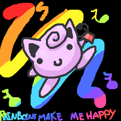 Size: 300x300 | Tagged: safe, artist:klonoa2luver, fictional species, jigglypuff, feral, nintendo, pokémon, 2007, abstract background, ambiguous gender, black eyes, looking at you, low res, microphone, ms paint, oekaki, rainbow, solo, solo ambiguous, text