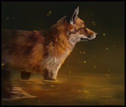Size: 2048x1732 | Tagged: safe, artist:alexfoxchapman, arthropod, canine, firefly, fox, insect, mammal, red fox, feral, lifelike feral, ambiguous gender, black fur, brown fur, fur, looking forward, non-sapient, partially submerged, realistic, side view, solo, solo ambiguous, water, whiskers, white fur