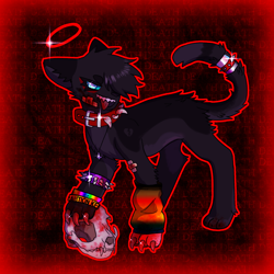 Size: 1080x1080 | Tagged: safe, artist:froggiez2, scourge (warrior cats), cat, feline, mammal, feral, warrior cats, 2020, arm warmers, asexual pride flag, bandage, big collar, black fur, blood, blue eyes, bone, bracelet, claws, clothes, collar, colored outline, cross, double outline, edgy, eyelashes, flag, fur, gay pride flag, halo, inverted cross, jewelry, male, necklace, open mouth, paw pads, paws, pride, pride flag, rainbow, red outline, sharp teeth, skull, solo, solo male, sparkly eyes, spiked bracelet, spiked collar, spiked tail band, tail, tail band, teeth, text, tongue, tongue out, transgender, transgender pride flag, white fur, wingding eyes, wristband
