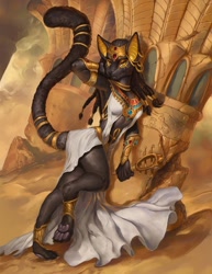 Size: 688x890 | Tagged: safe, artist:sixthleafclover, bastet, cat, feline, mammal, anthro, amber eyes, ancient egypt, black body, black fur, black hair, clothes, dress, ears, egypt, egyptian, female, fur, goddess, golden eyes, hair, jewelry, looking at you, outdoors, paw pads, paws, sand, solo, solo female, tail, tail jewelry, tail ring, underpaw