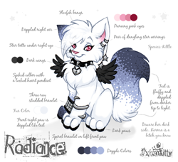 Size: 652x594 | Tagged: safe, artist:neokitty, oc, oc only, oc:radiance (neokitty), cat, feline, mammal, feral, 2006, :3, armband, black fur, bracelet, character name, collar, color palette, ear piercing, feathered wings, feathers, female, fur, gray fur, jewelry, lock, looking at you, padlock, paws, piercing, pink eyes, reference sheet, signature, simple background, sitting, smiling, solo, solo female, spiked collar, tail, text, watermark, white background, white fur, wings