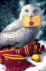 Size: 550x850 | Tagged: safe, artist:alyssaveysey, hedwig (harry potter), bird, bird of prey, owl, feral, lifelike feral, harry potter (series), wizarding world, ambiguous gender, clothes, feathered wings, feathers, folded wings, holding, letter, mouth hold, non-sapient, realistic, scarf, snow, solo, solo ambiguous, white feathers, wings