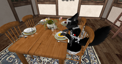 Size: 1920x1017 | Tagged: artist needed, source needed, safe, oc, oc:kyrzin, mammal, rodent, squirrel, anthro, 3d, berry, blueberry, cake, chair, clothes, female, food, fruit, house, kitchen, maid, maid outfit, second life, solo, solo female, soup, strawberry, table