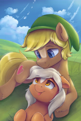 Size: 3600x5400 | Tagged: safe, artist:ardail, epona (zelda), link (zelda), quarter hearts (mlp), earth pony, equine, fictional species, mammal, pony, feral, friendship is magic, hasbro, my little pony, nintendo, the legend of zelda, :p, cap, chest fluff, clothes, cloud, colored pupils, crossover, cuddling, cute, duo, ear fluff, eye contact, female, field, floppy ears, fluff, grass, hat, high res, hooves, hug, lidded eyes, linkpona (zelda), looking at each other, lying down, male, male/female, mare, on back, ponified, precious, prone, resting, scenery, shipping, smiling, stallion, tail, tongue, tongue out, unshorn fetlocks