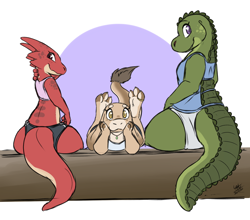 Size: 1650x1450 | Tagged: species needed, safe, artist:louart, oc, oc:kaida (louart), alligator, crocodilian, fictional species, kobold, reptile, anthro, clothes, cute, female, females only, furgonomics, looking at you, looking back, looking back at you, tail, tail hole