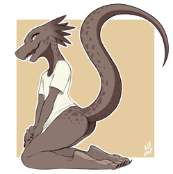 Size: 890x895 | Tagged: safe, artist:waga, fictional species, kobold, reptile, anthro, digitigrade anthro, border, female, flat chest, kneeling, lidded eyes, looking at you, open mouth, smiling, solo, solo female, tail, white border
