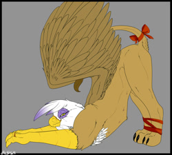 Size: 1200x1080 | Tagged: suggestive, artist:backlash91, gilda (mlp), bird, feline, fictional species, gryphon, mammal, feral, friendship is magic, hasbro, my little pony, 2015, beak, bird feet, bow, brown feathers, brown fur, claws, feathered wings, feathers, female, fluff, fur, head fluff, leg fluff, leonine tail, paws, purple feathers, raised tail, ribbon, ring, side view, simple background, solo, solo female, tail, tail fluff, talons, teats, white feathers, wings, yellow body, yellow eyes